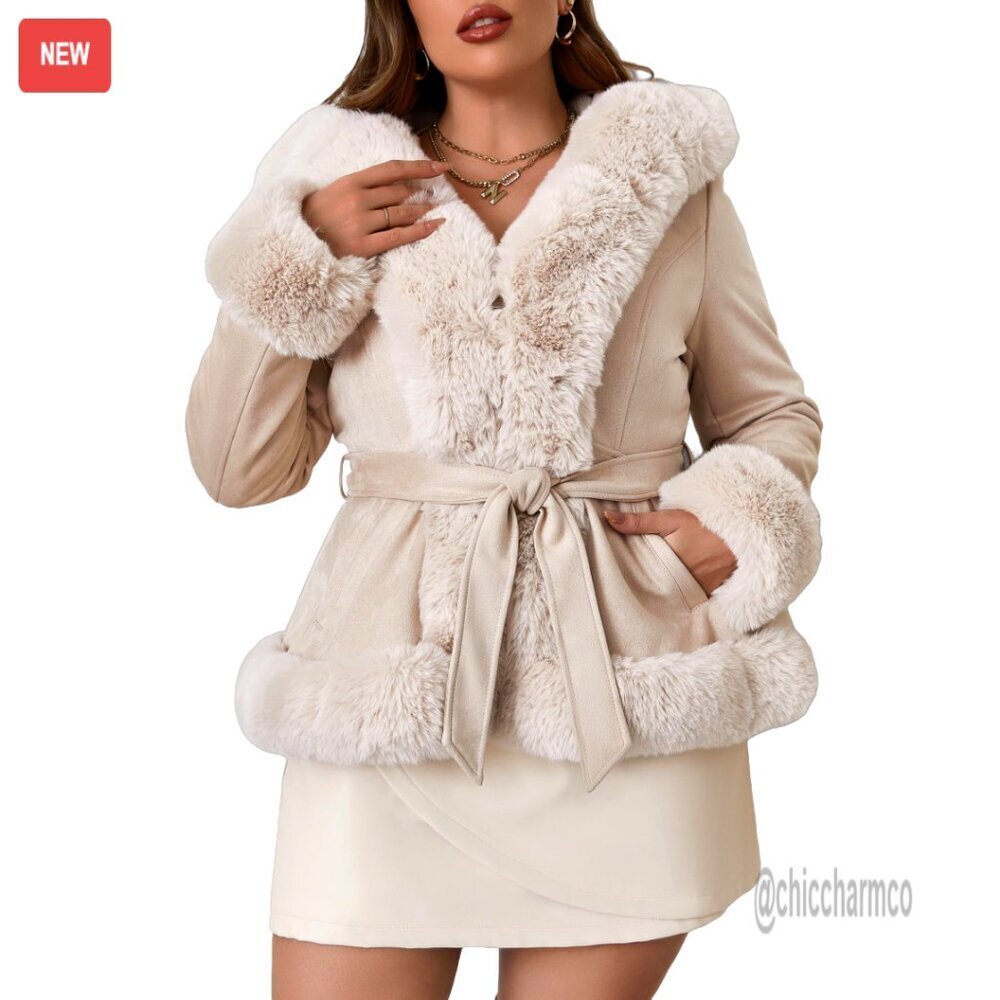 Faux Suede Leather Jacket Oversized Hooded Fleece Lined Belted Winter Coat Chic